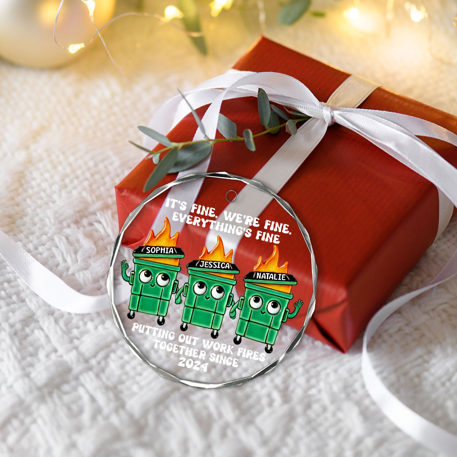 Putting Out Work Fires Together Work Bestie Dumpster Fire Funny Gift For Colleagues Personalized Glass Ornament