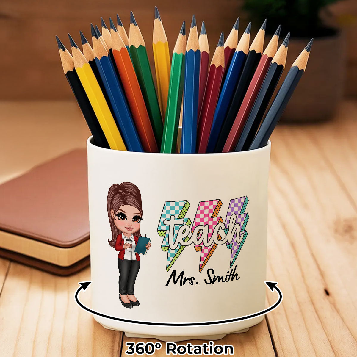 Teacher Coquette Style Personalized Rotating Pen Holder, Back To School Gift