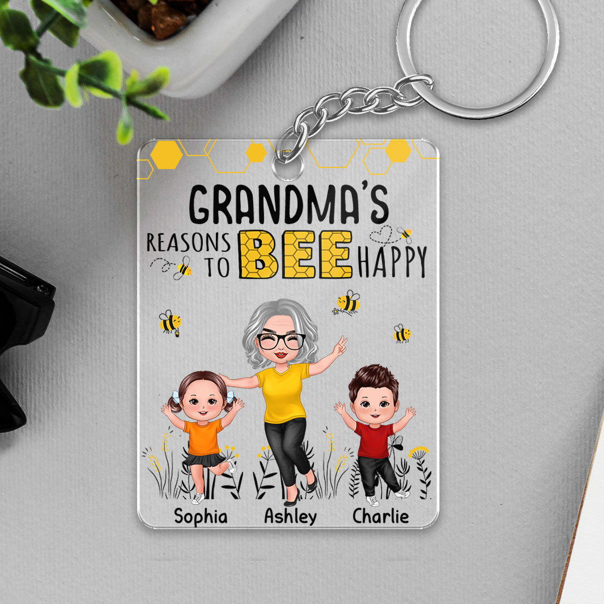 Reasons To Bee Happy Doll Grandma Grandkids Personalized Acrylic Keychain
