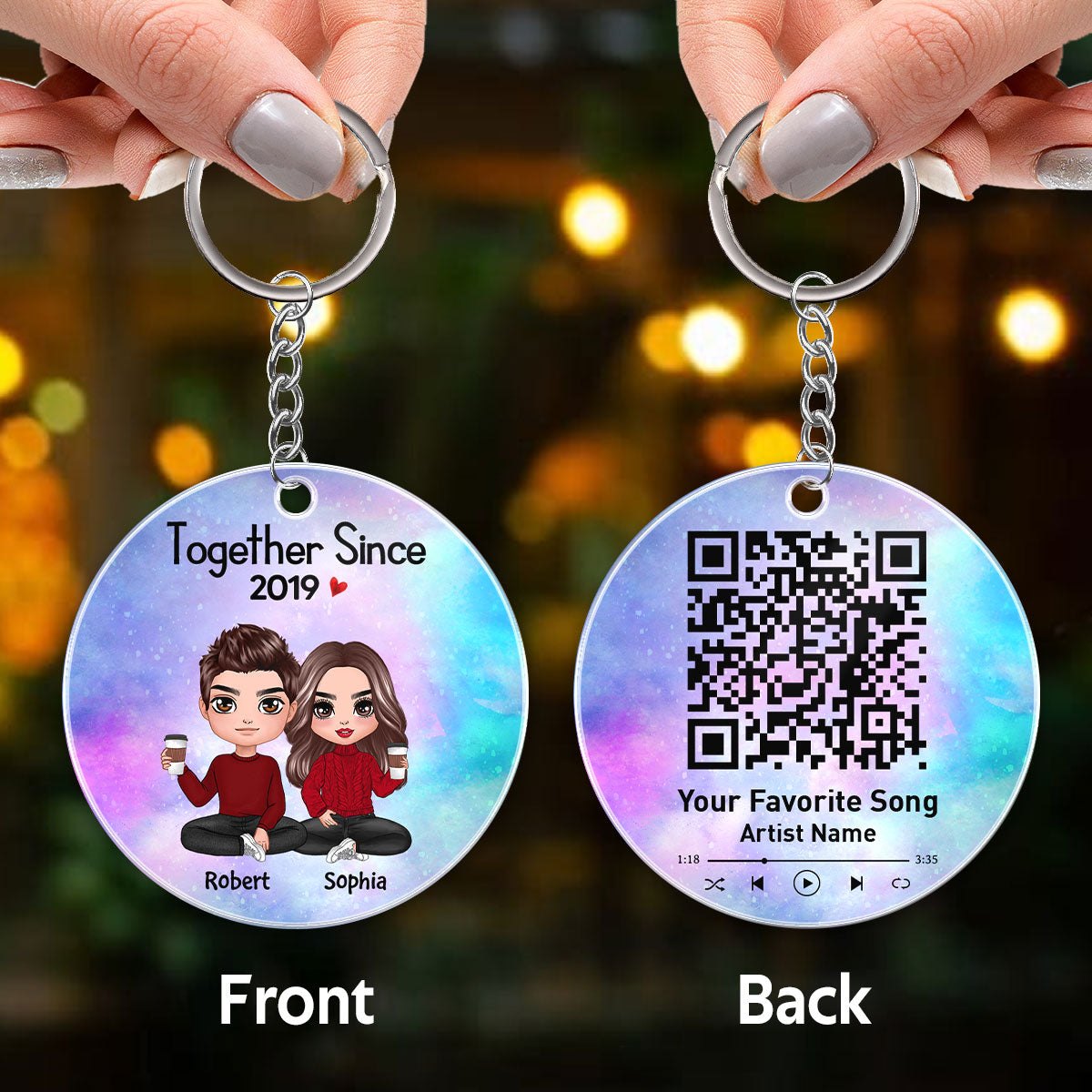 Doll Couple Sitting Together Since Favorite Song Scannable QR Code Personalized Circle Acrylic Keychain
