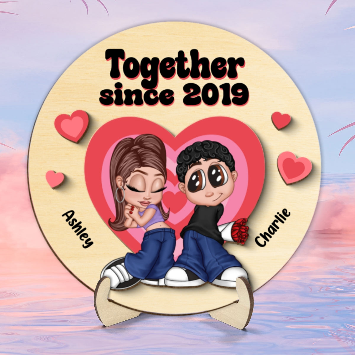 Y2K Couple Hearts Personalized 2-layer Wooden Plaque,  Unique Valentine's Day Gift For Him, Gift For Her