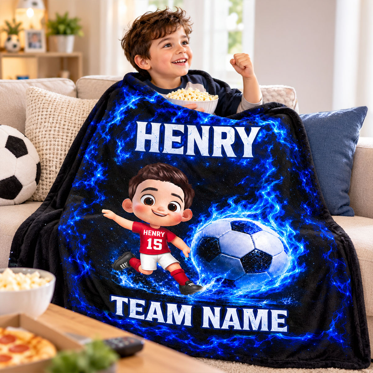 Cute Kid Soccer Player Custom Name And Team Name - Personalized Fleece Blanket - Christmas Gift For American Football Players, Grandson, Son, Daughter, Granddaughter