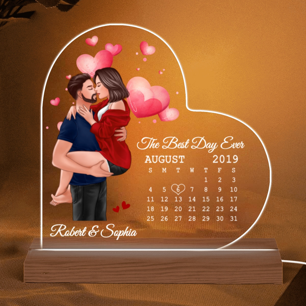 Man Holding Woman Kissing Calendar Anniversary Date Anniversary Personalized Heart Shaped Acrylic Plaque With LED Night Light