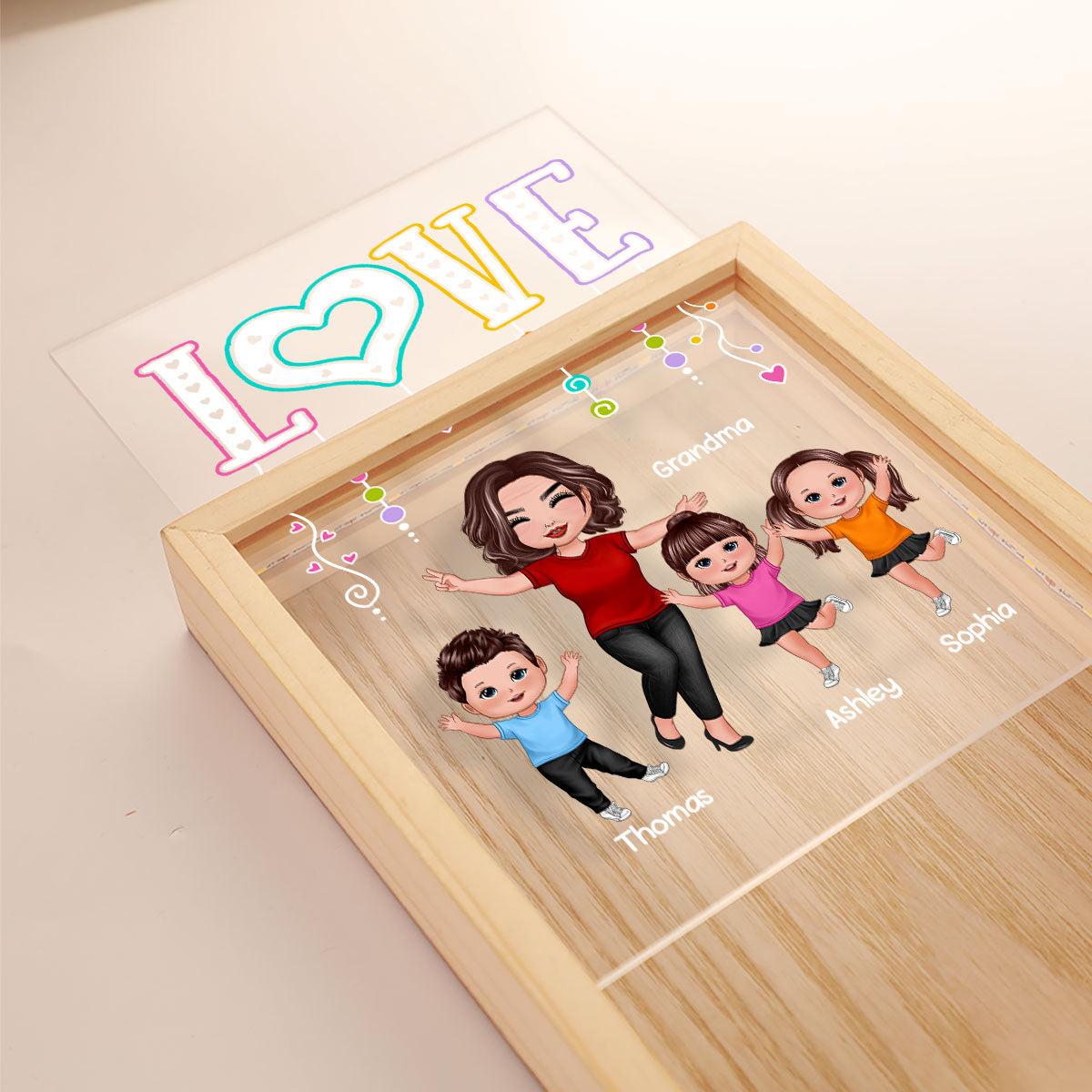 LOVE Happy Doll Grandma Mom With Kids Personalized Wooden Frame Light Box