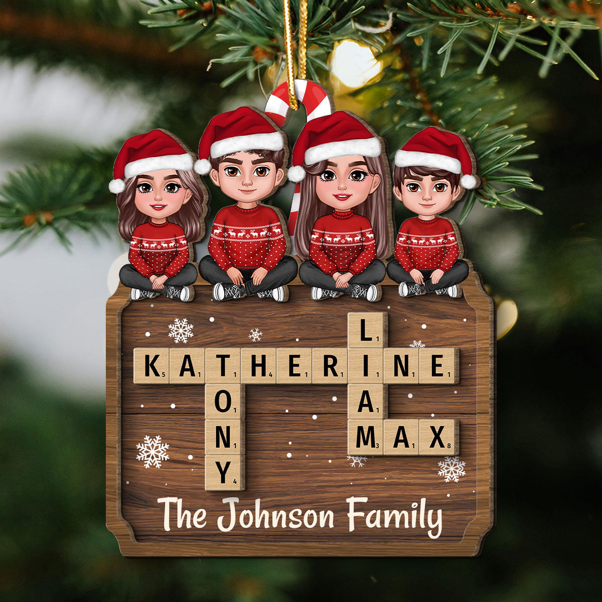 Animated Family Sitting On Crossword Puzzle Board Personalized 2-Layer Wooden Ornament