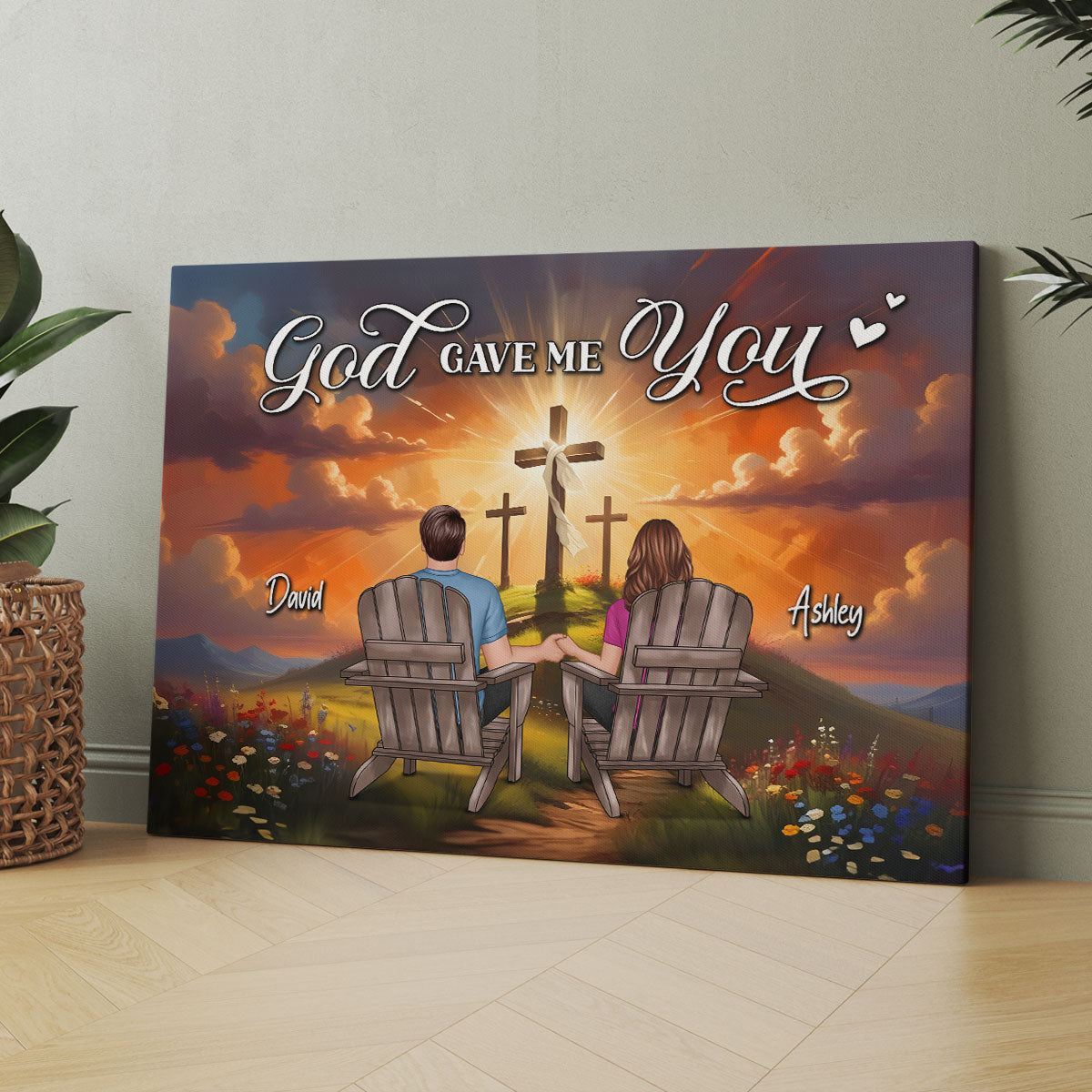 Cross On Mountain God Gave Me You Couple Sitting Personalized Canvas, Anniversary Gift For Him, Her
