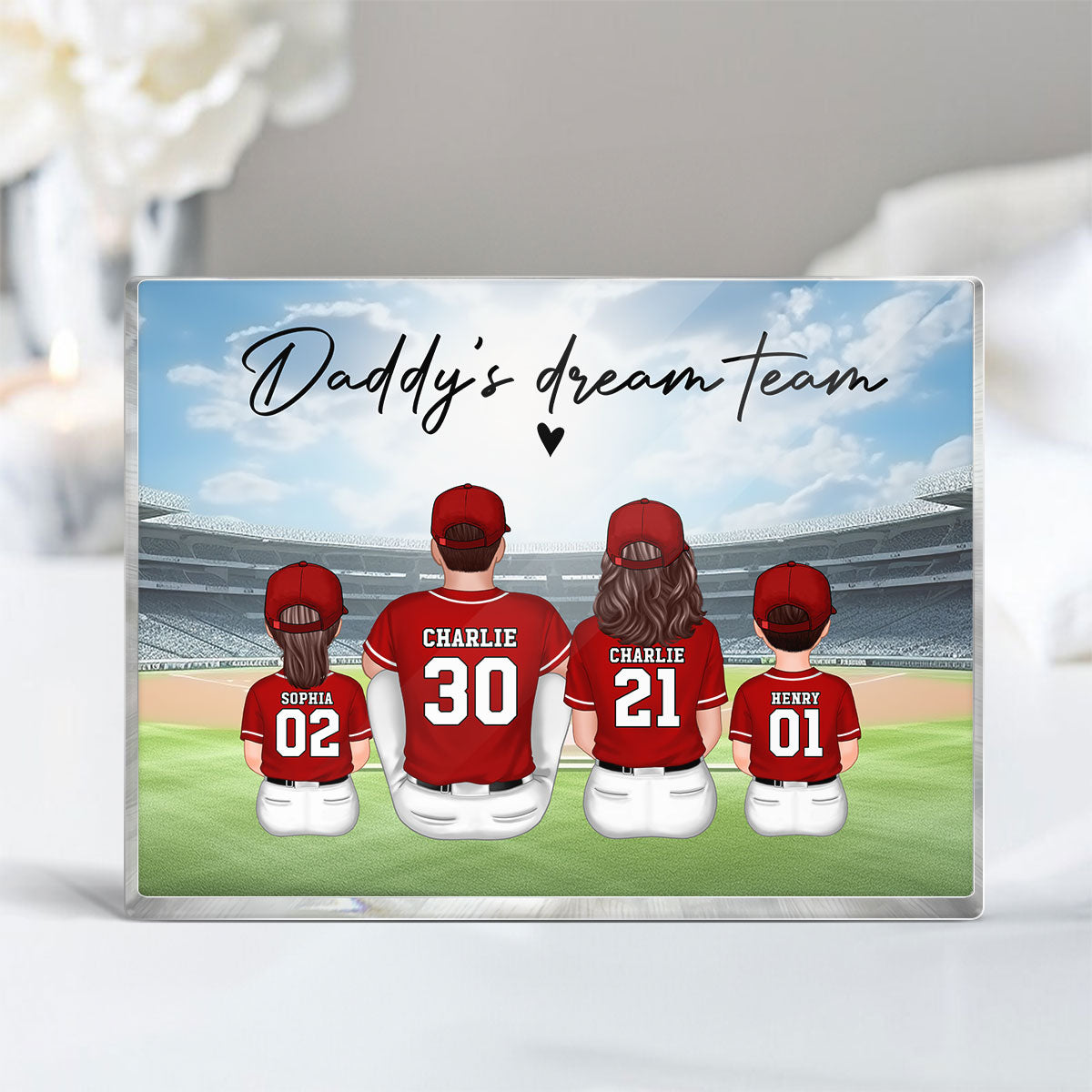 Daddy's Team Baseball Family Sitting Personalized Acrylic Block, Unique Father's Day Gift for Dad, Gift for Husband