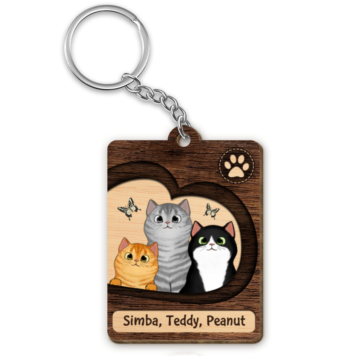 Cute Peeking Cat With Butterfly Personalized Wooden Keychain