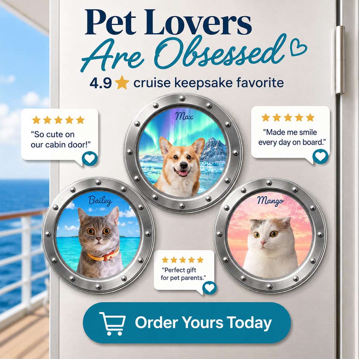 Custom Dog Cat Pet Photo Peeking Porthole - Personalized Cruise Door Magnet - Cruise Trip Keepsake For Pet Lovers