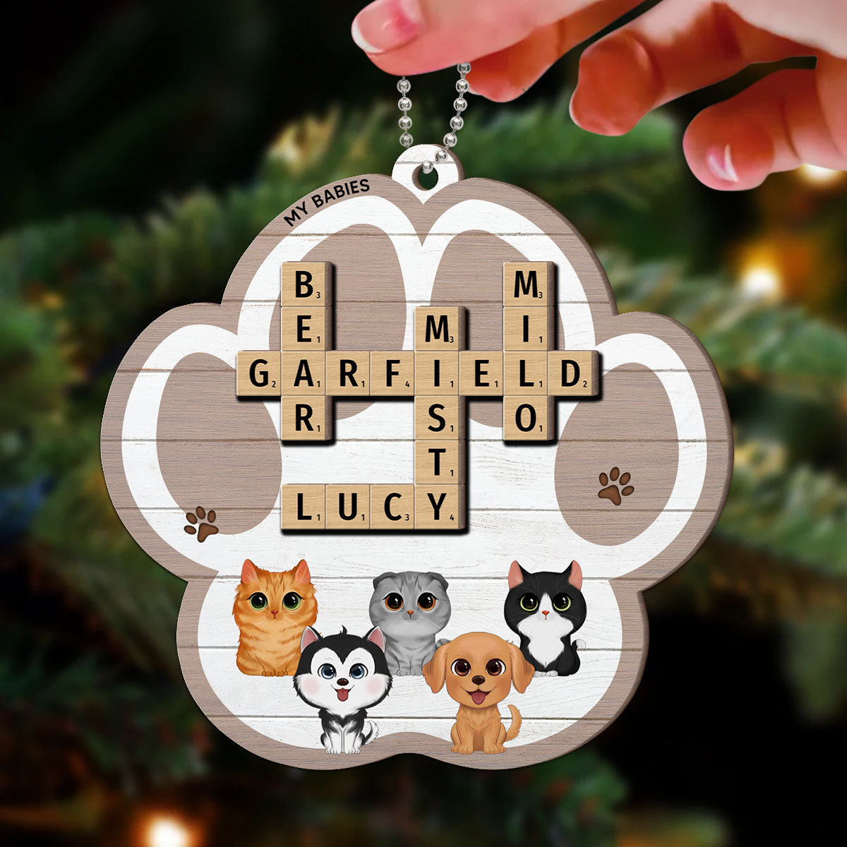 My Babies Dog Cat Crossword Puzzle Art Personalized Paw Shaped 2-Layer Wooden Ornament
