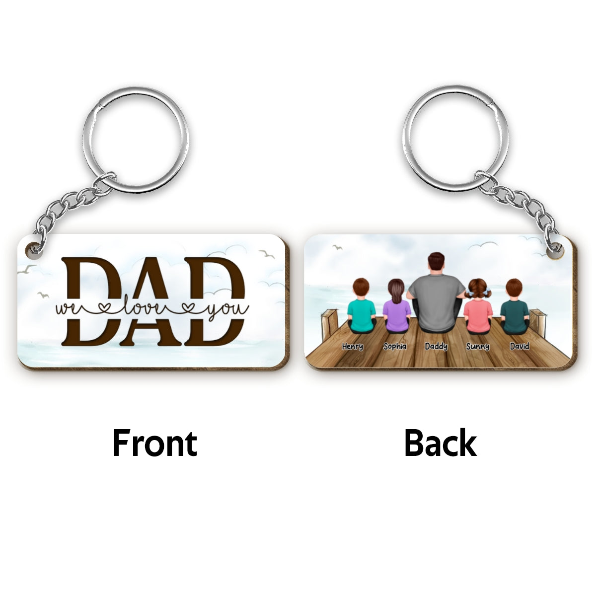 On The Bridge Best Dad Ever Back View Man Kids Dog Cat Father‘s Day Gift Personalized Wooden Keychain
