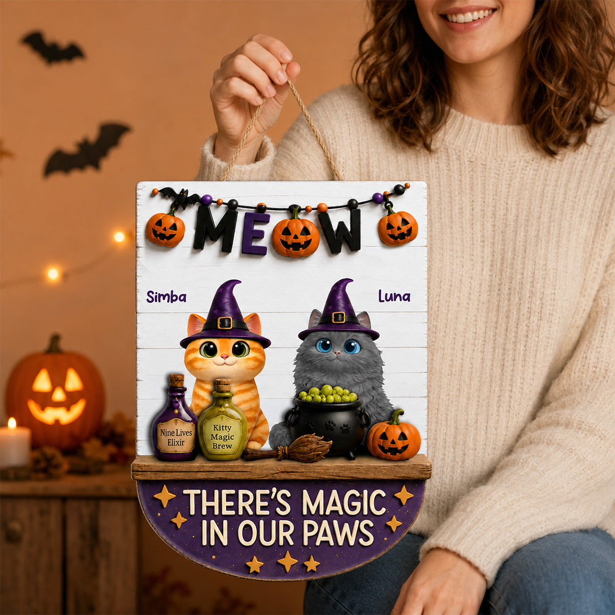 There's Magic In Cat Paws - Personalized Door Hanger - Halloween Decoration