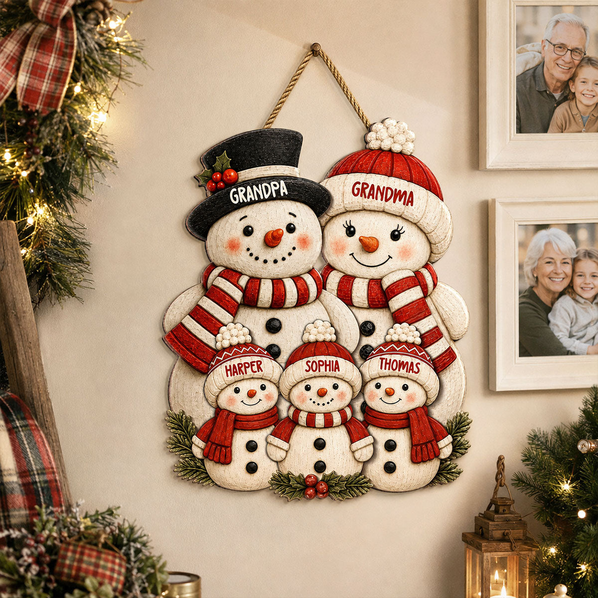 Cute Snowman Grandparents & Grandkids 2D Flat Printed - Personalized Wooden Sign - Christmas Decor For Family, Grandma, Grandpa
