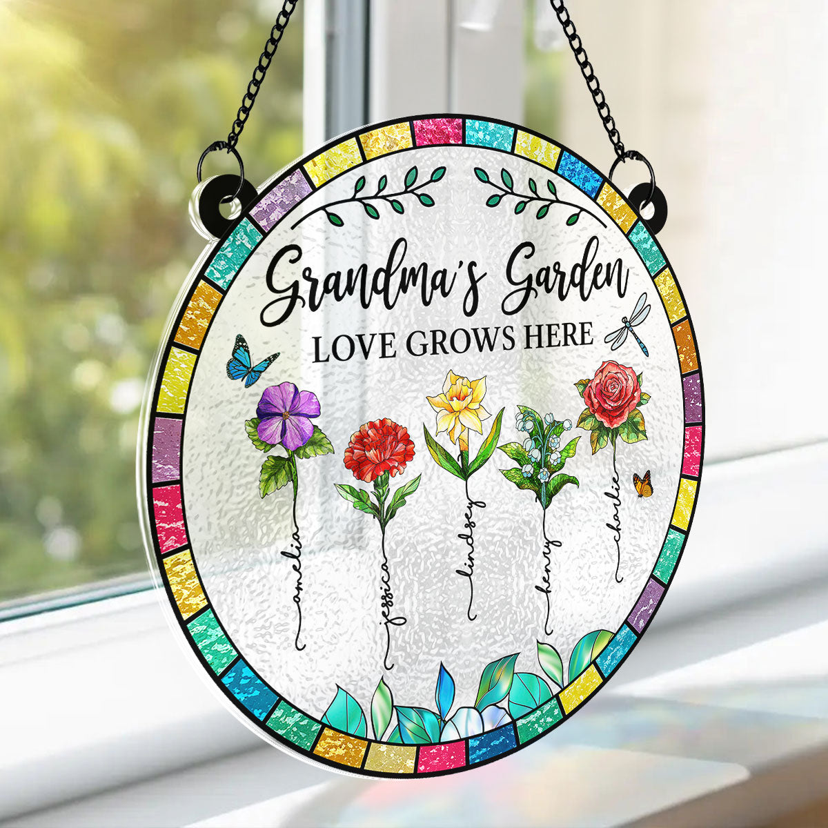 Grandma‘s Garden Love Grows Here Beautiful Birth Month Flowers Personalized Acrylic Suncatcher