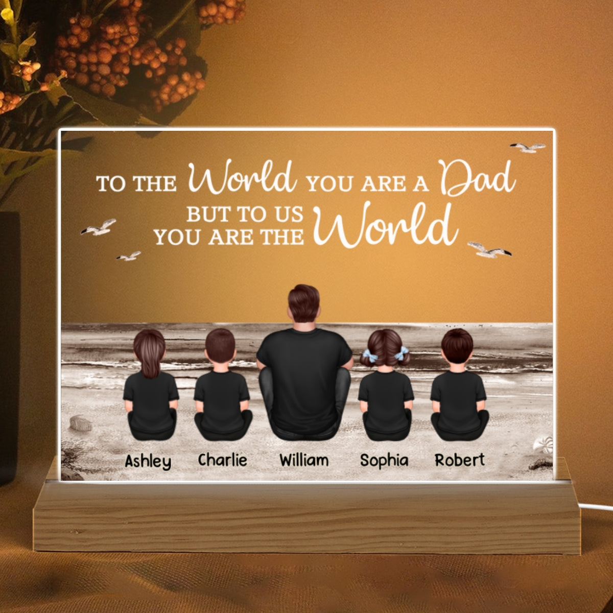 Dad And Sons Daughters Retro Vintage Beach Landscape Personalized Custom Shape Acrylic Warm LED Night Light