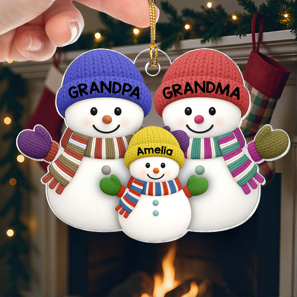 Christmas Grandma Grandpa And Grandkid Snowman Together - Personalized Acrylic Ornament