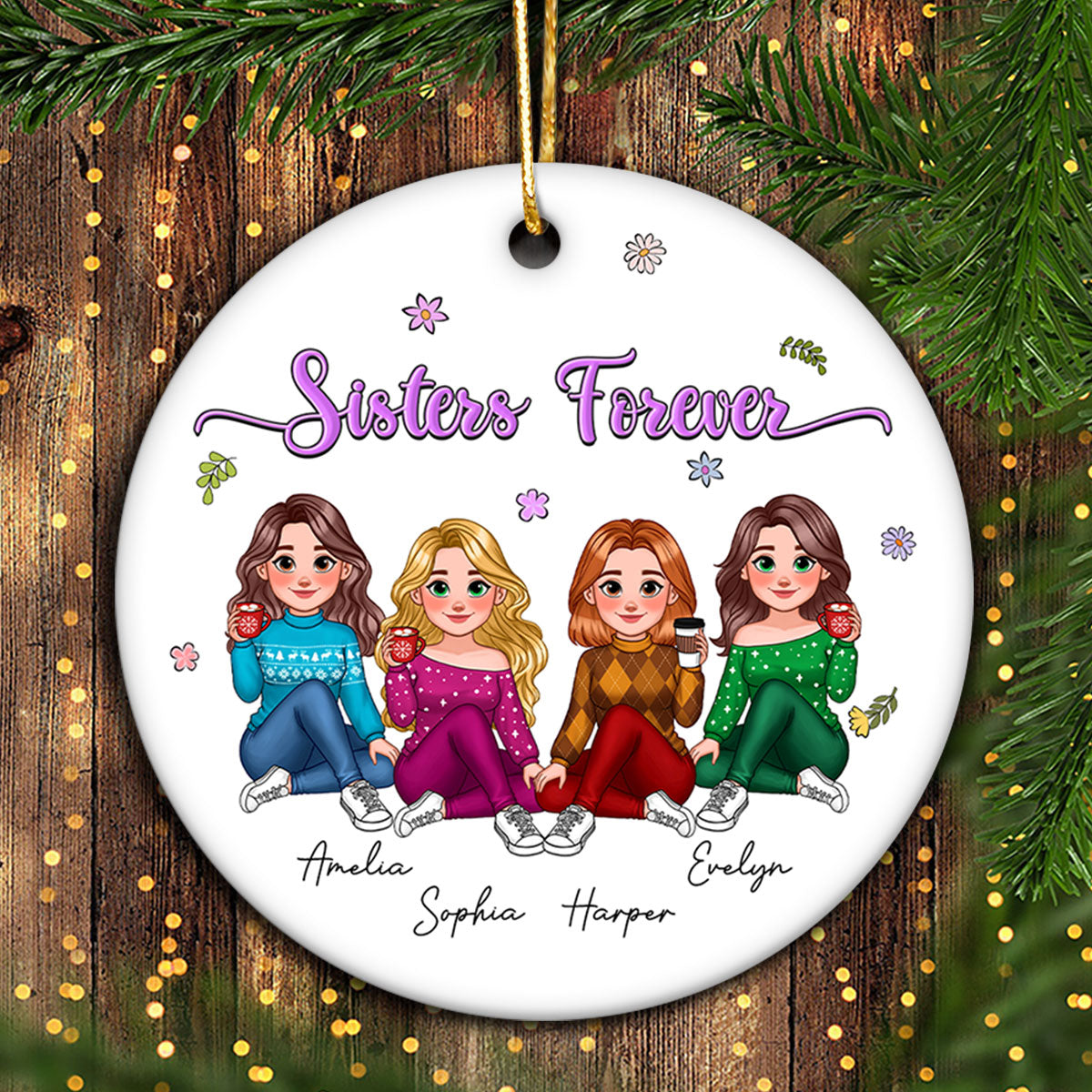 Animated Sisters Forever Floral Personalized Ceramic Ornament, Christmas Gift For Sisters, Best Friends