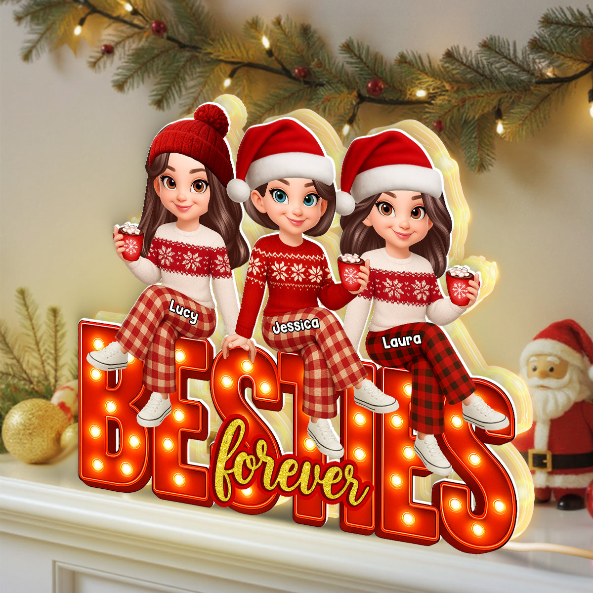 3D Effect Christmas Besties Forever - Personalized Light Box - Christmas Gift For Best Friends