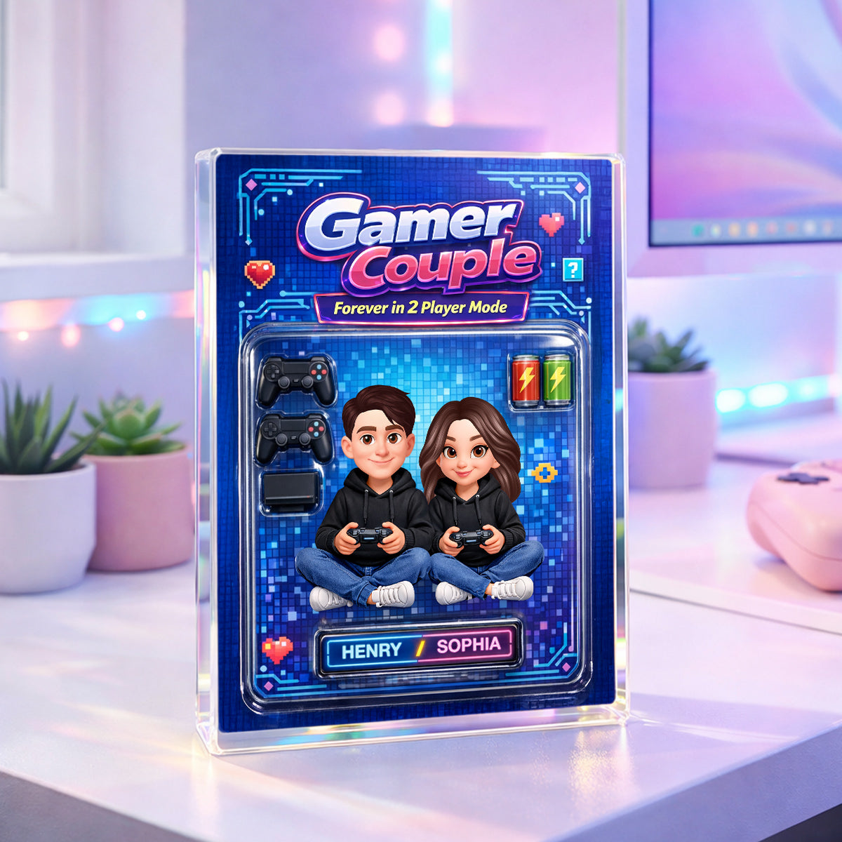 Forever in 2 Player Mode Custom Action Figure - Personalized Acrylic Block Plaque - Custom Gaming Gift for him, for her