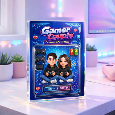 Forever in 2 Player Mode Custom Action Figure - Personalized Acrylic Block Plaque - Custom Gaming Gift for him, for her
