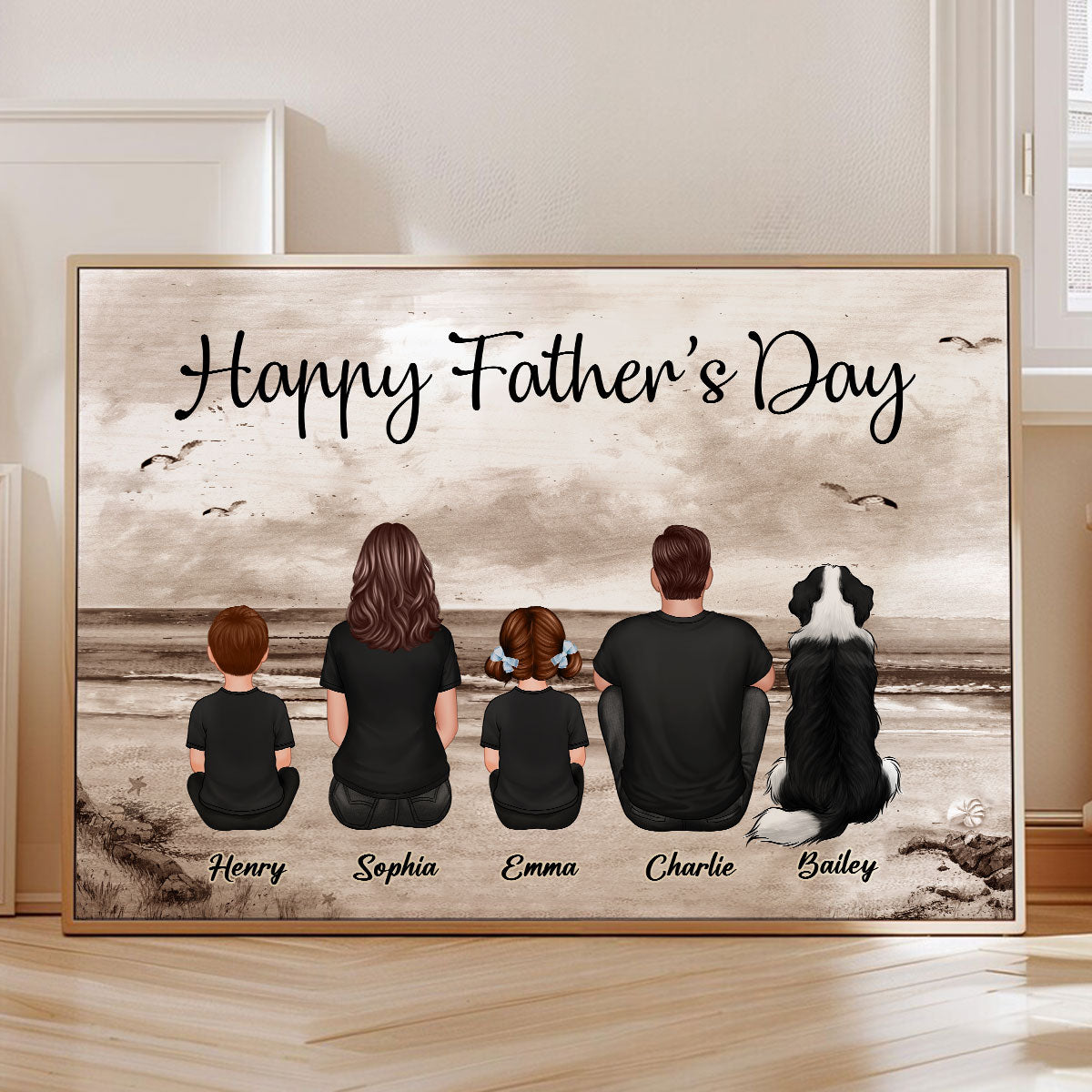 Family Sitting Retro Vintage Beach Landscape - Personalized Poster - Gift For Dad, Husband