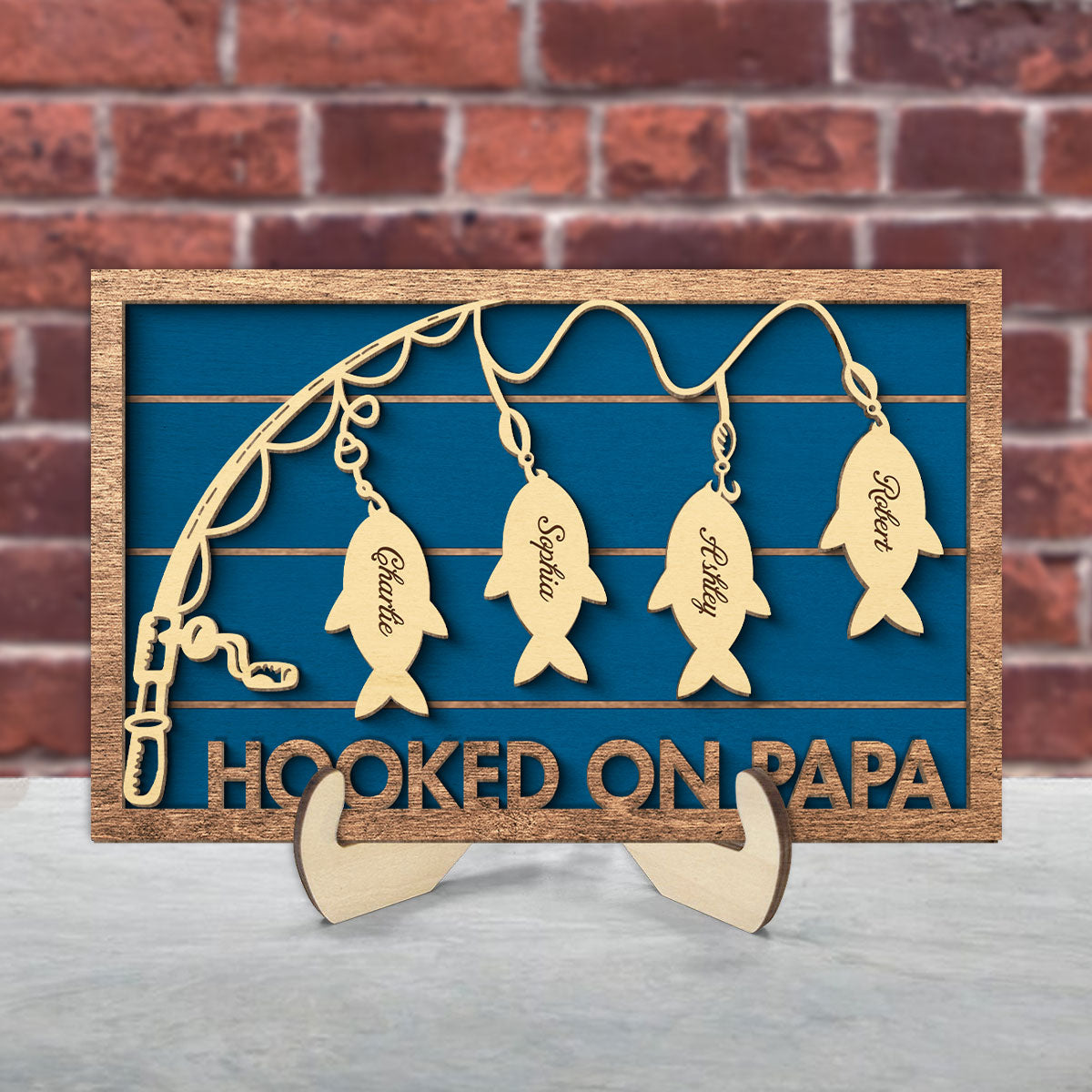 Hooked On Papa Fishing Grandpa Personalized 2-Layer Wooden Plaque