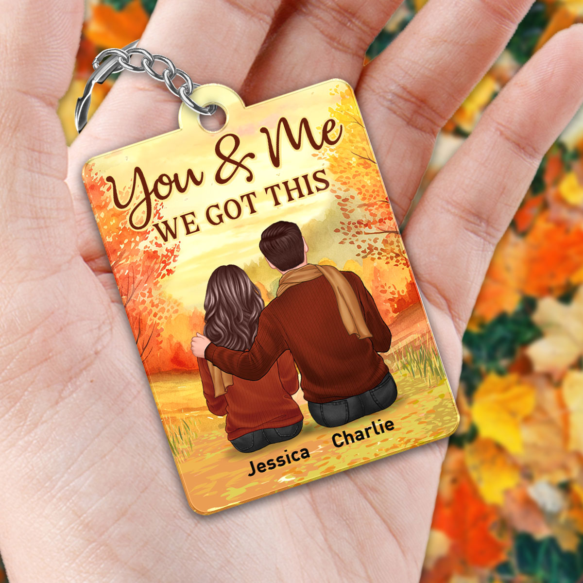 Embracing Fall Season Couple Sitting Back View Favorite Song QR Code Personalized Acrylic Keychain