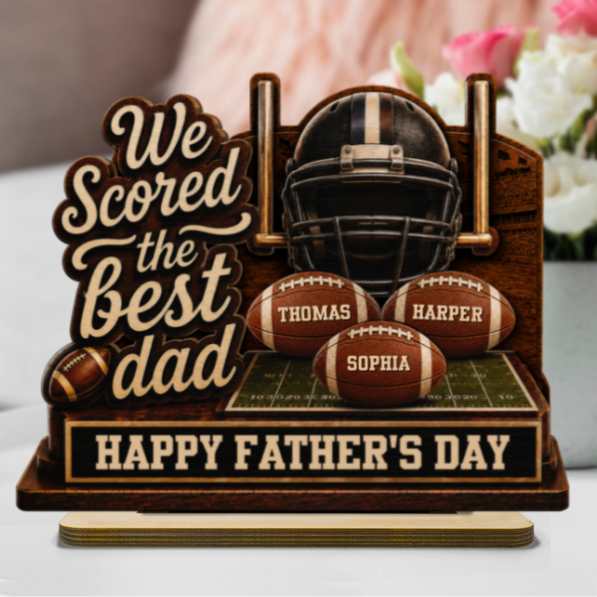 We Scored The Best American Football Dad Custom Name 2D Flat - Personalized 2-Layered Wooden Plaque - Father's Day Gift For Football Dad