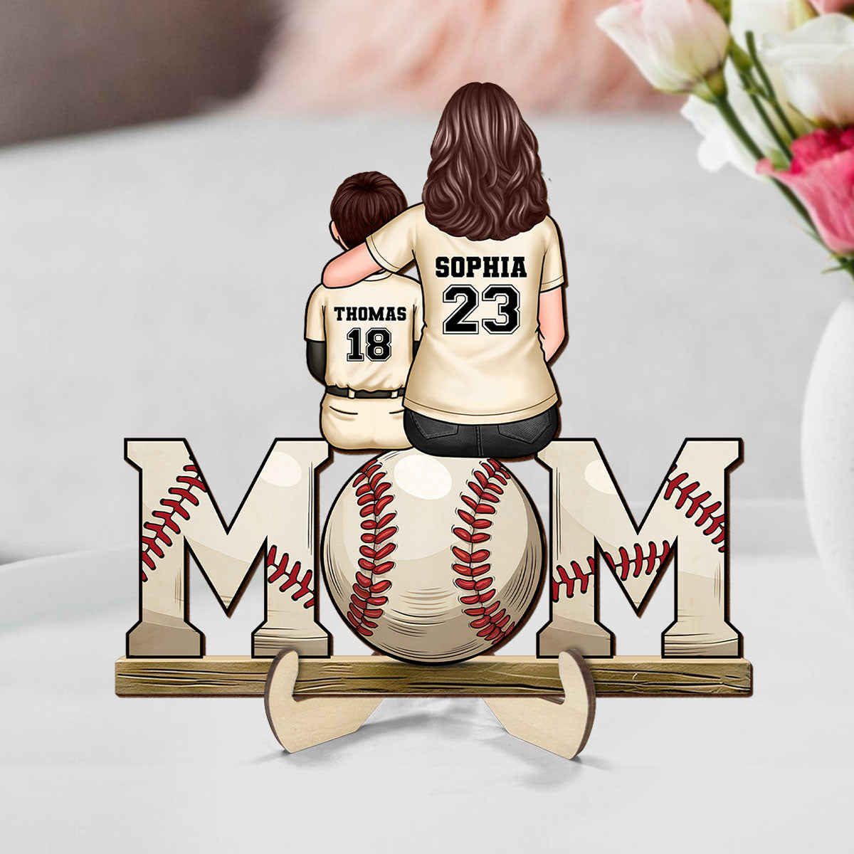 Baseball, Softball Mom And Kids Personalized 2 Layer Wooden Plaque, Gift for Mom, Gift for Wife