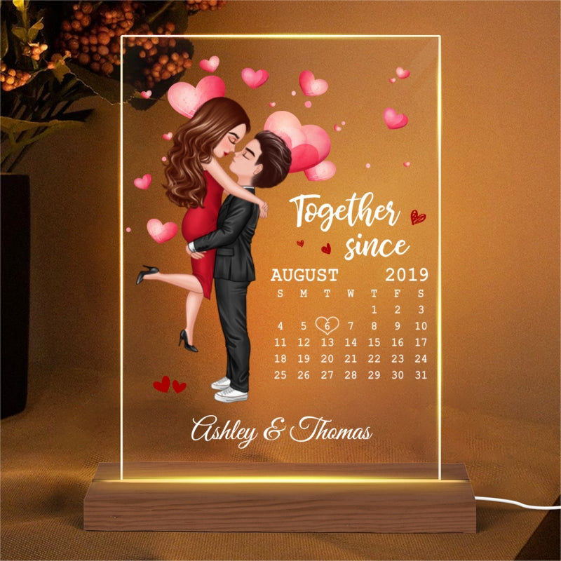 Doll Couple Hugging Kissing Calendar Anniversary Date Personalized Rectangle Acrylic Plaque With LED Night Light - Anniversary Gift For Couple - Gift For Him, Gift For Her