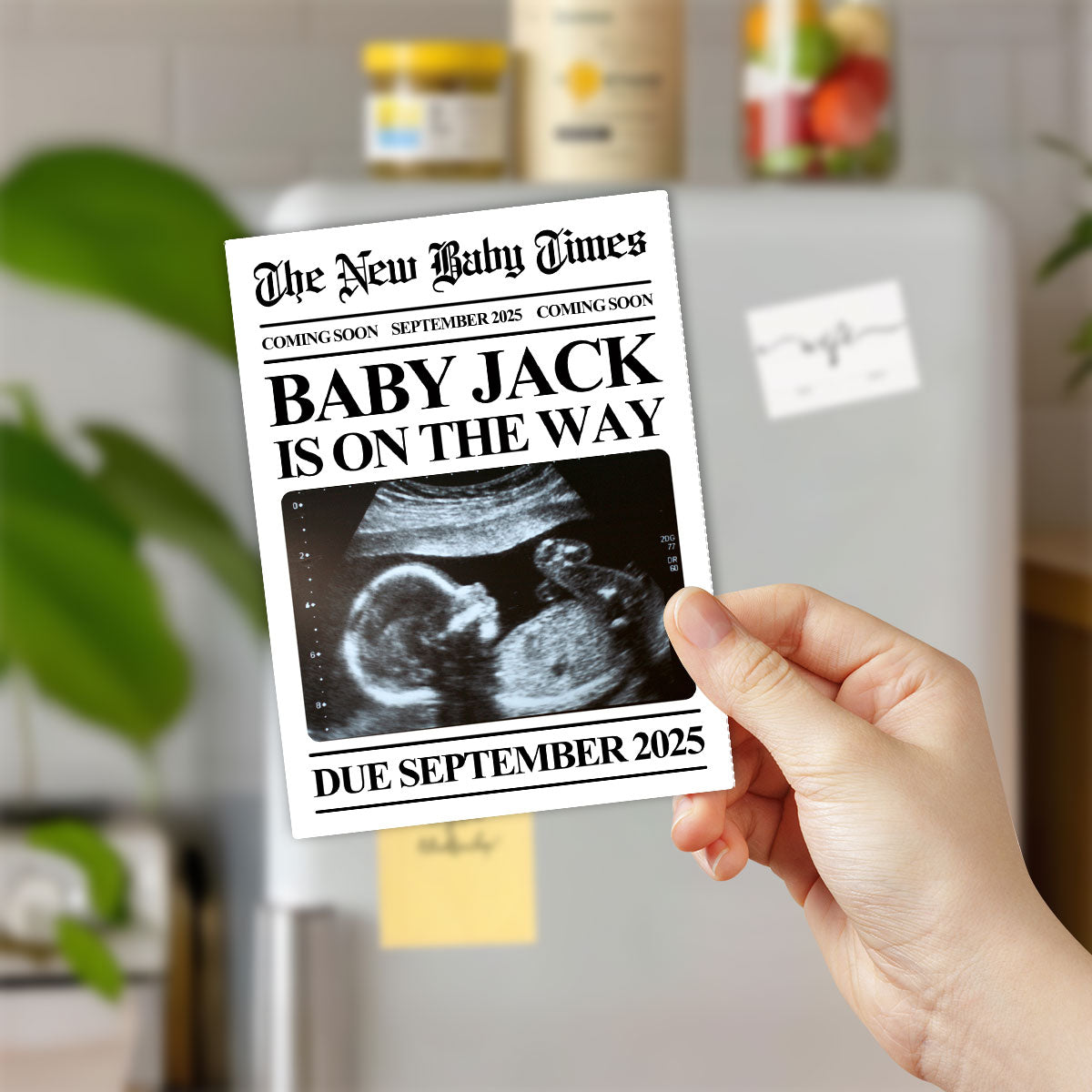 Newspaper Baby Coming Soon Personalized Acrylic Fridge Magnet, Unique Pregnancy Announcement