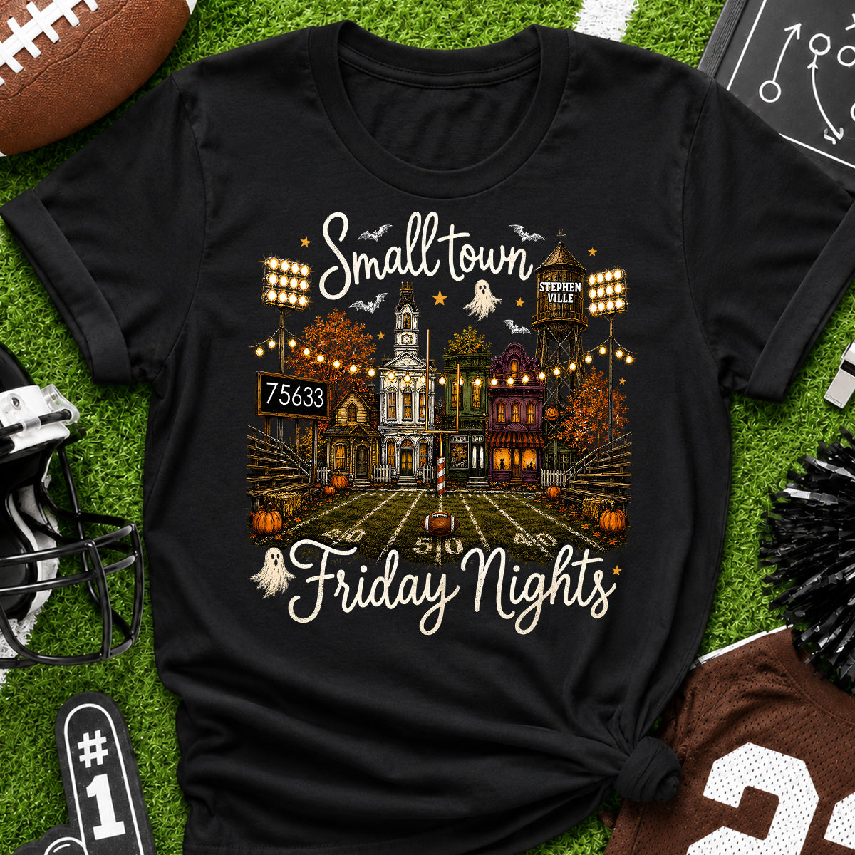 Fall Halloween Small Town Friday Nights - Personalized Shirt - Custom Town Name & Zip Code