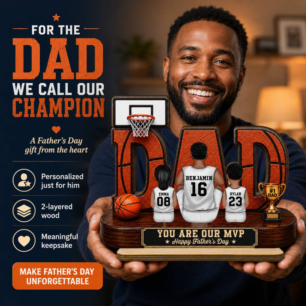 Basketball Dad Legend Daddy's Dream Team - Personalized 2-Layered Wooden Plaque - Unique Trending Father's Day Gift For Dad, Husband, Basketball Fans