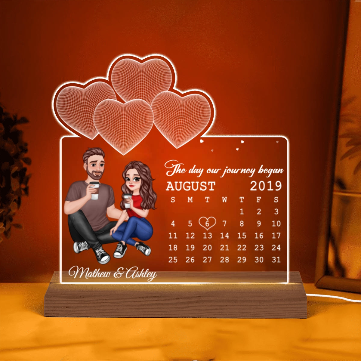Cartoon Couple Sitting Under 3D Heart Calendar Anniversary Gift For Him Gift For Her Personalized Custom Shaped Acrylic Plaque LED Night Light