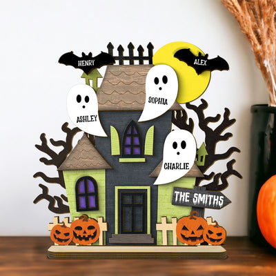 Grandma Family Haunted House Boo Flying Personalized Standing Wooden Plaque, Halloween Decor