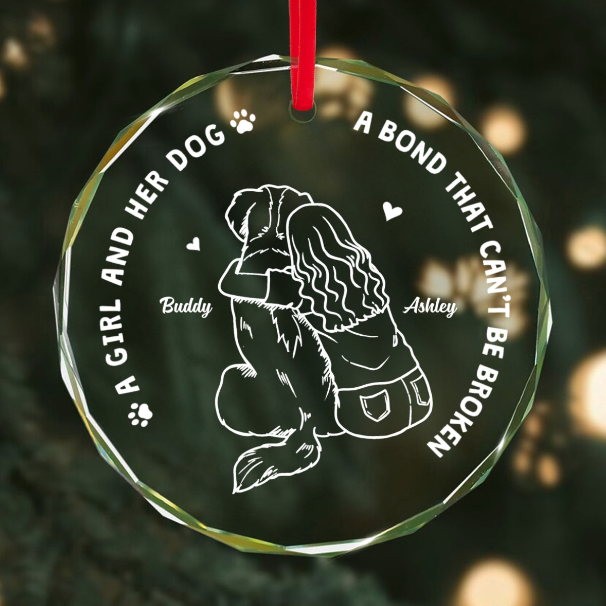 Girl And Her Dogs Outline Personalized Glass Ornament, Christmas Gift For Dog Mom