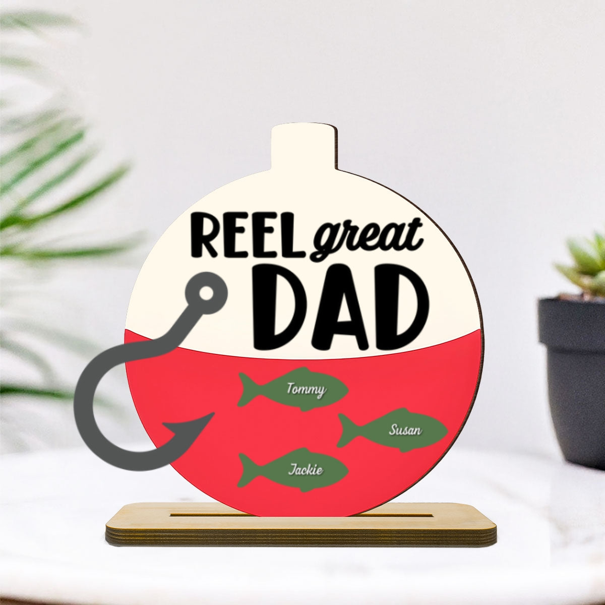 Reel Great Dad Grandpa Personalizd 2-Layer Standing Wooden Plaque, Father's Day gift for Fishing Dad Grandpa