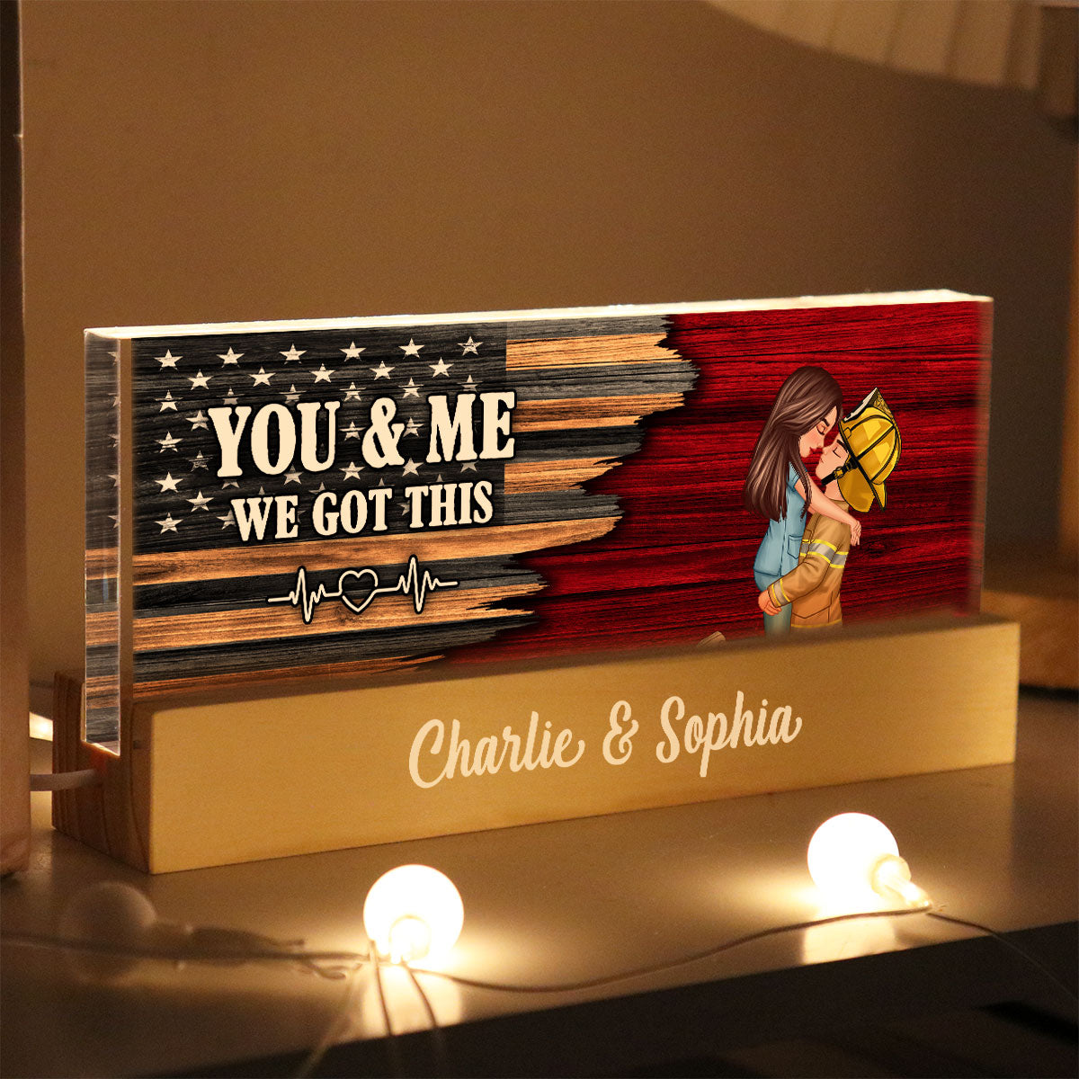 Hero Couple Hugging Kissing Half Flag  Gift by Occupation Personalized Acrylic Block LED Night Light
