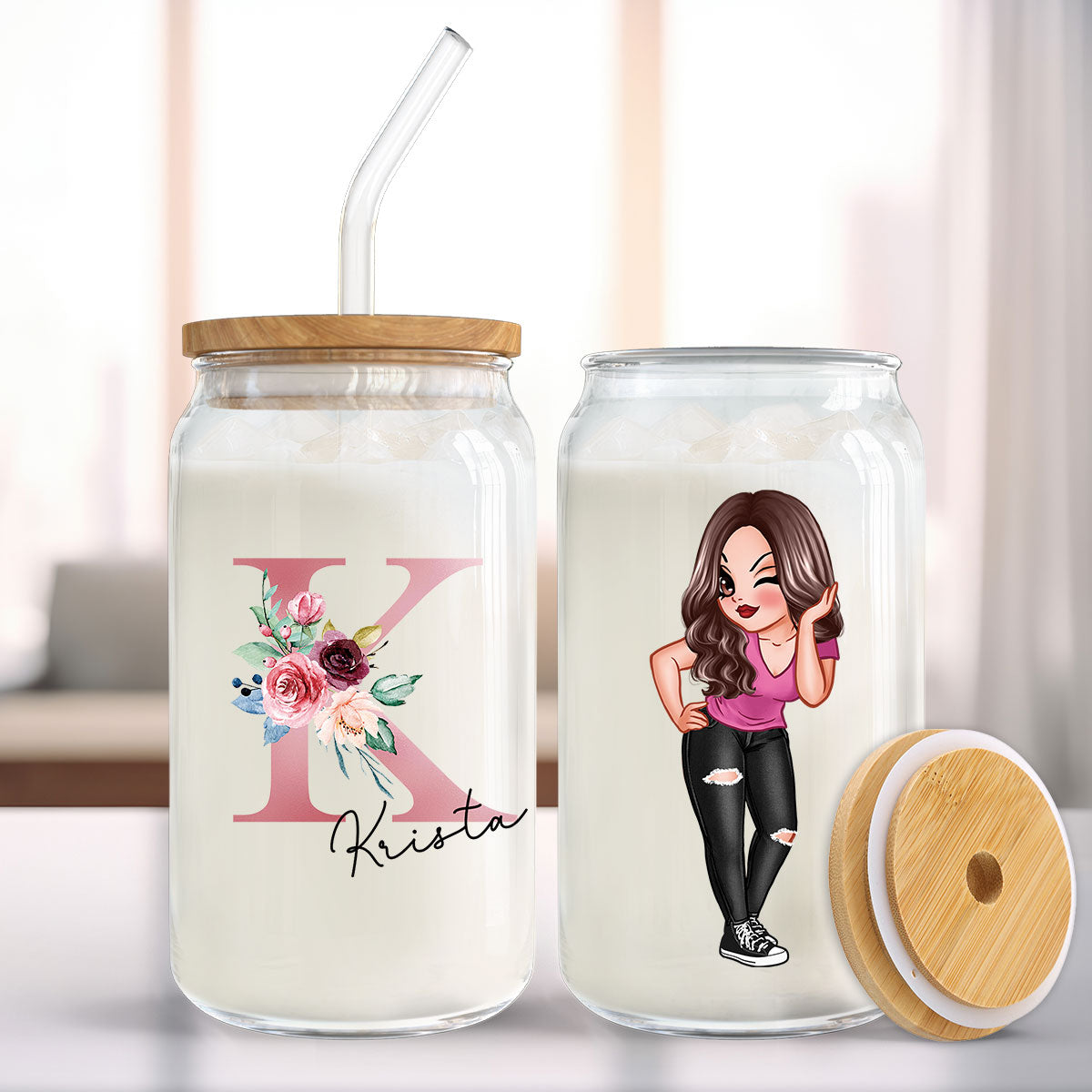 Beautiful Floral Initial Name Mother‘s Day Birthday Gift For Grandma Mom Women Personalized Clear Glass Can