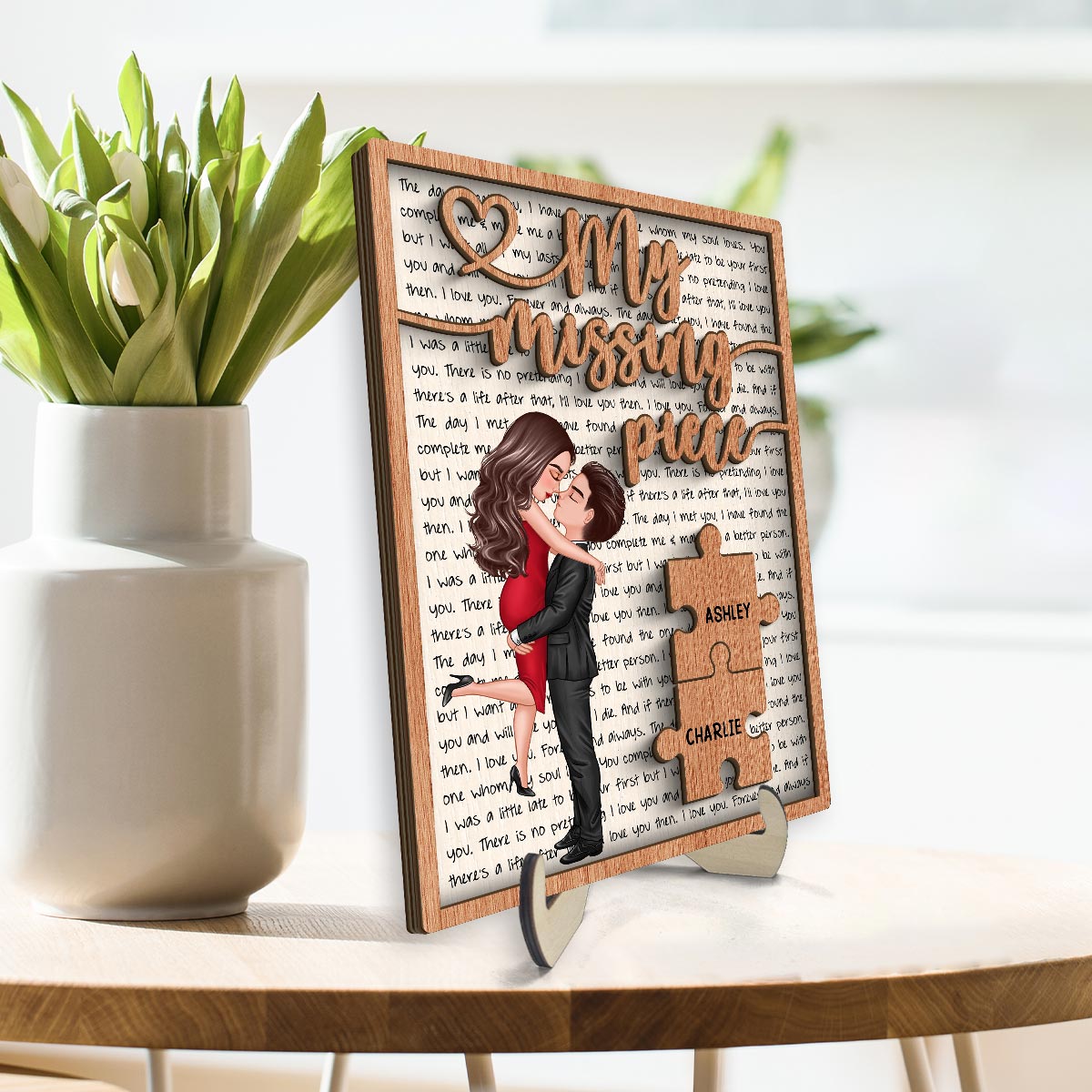 My Missing Piece Couple Letters Background Personalized 2-Layer Wooden Plaque