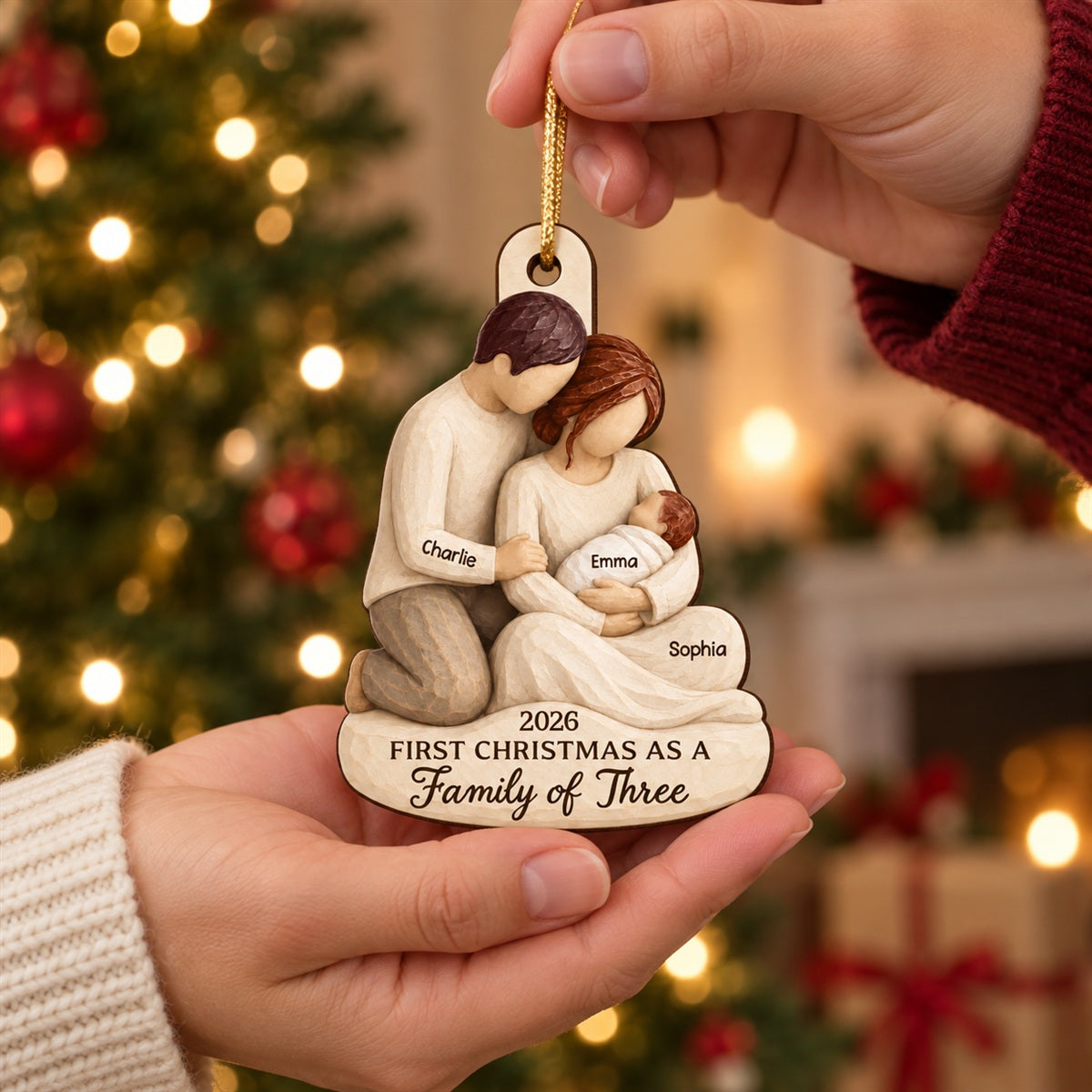 And Then There Were Three 2D Flat Printed - Personalized Wooden Ornament - First Christmas Keepsake For New Parents