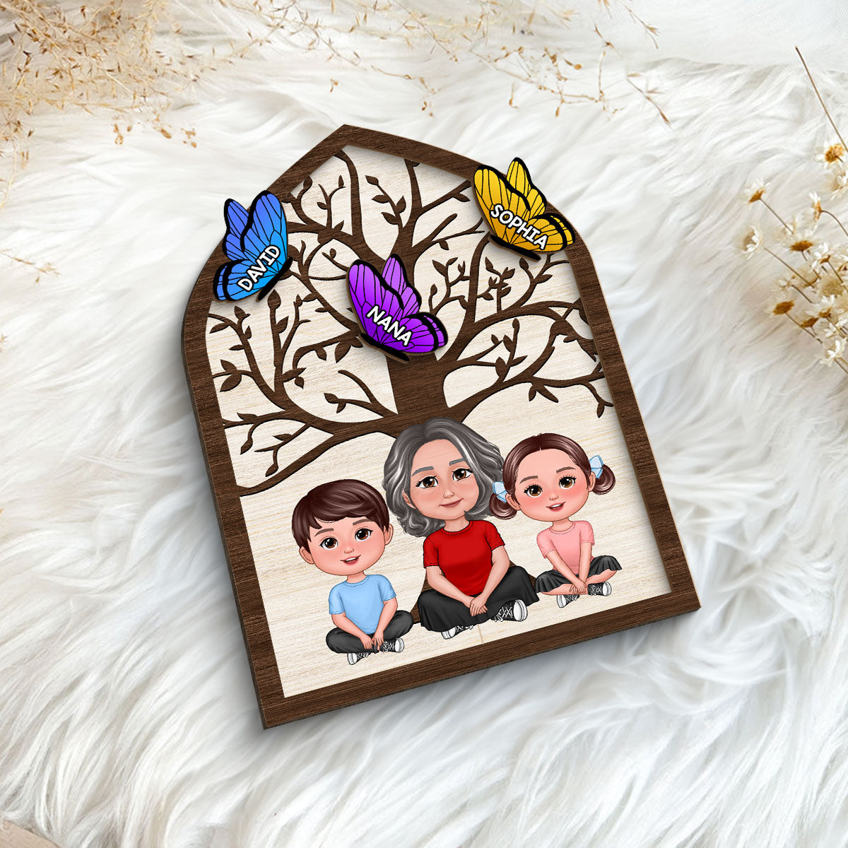 Grandma Mom Kids Crossed Legs Under Tree Butterflies Personalized 2-layer Wooden Plaque