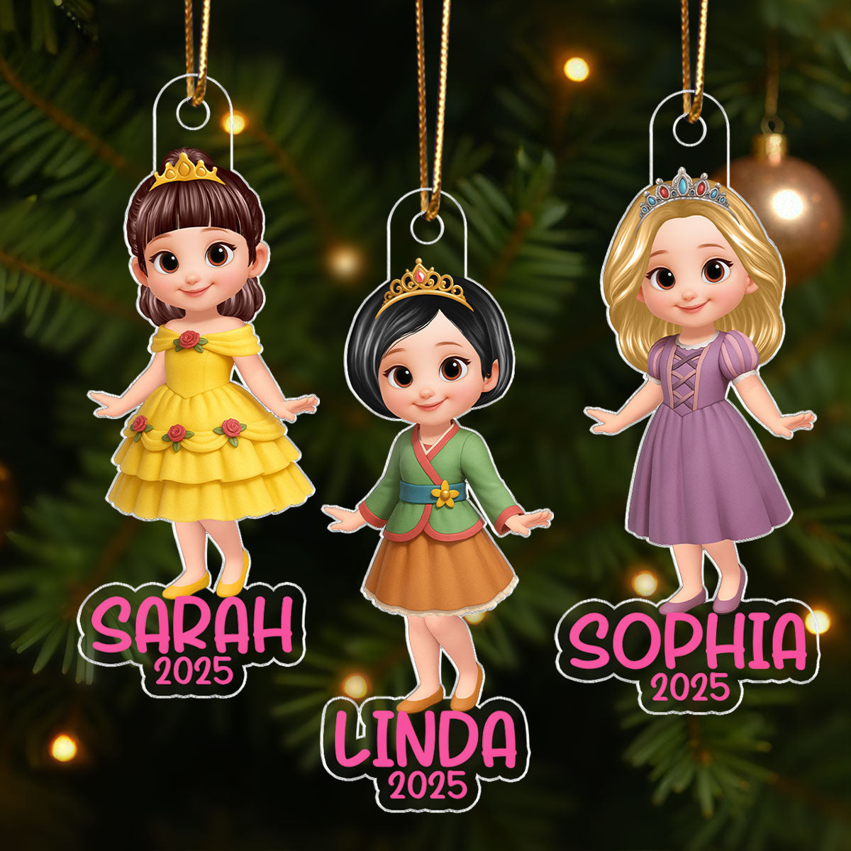 3D Effect Princess Personalized Acrylic Ornament, Christmas Gift for Kid Girls