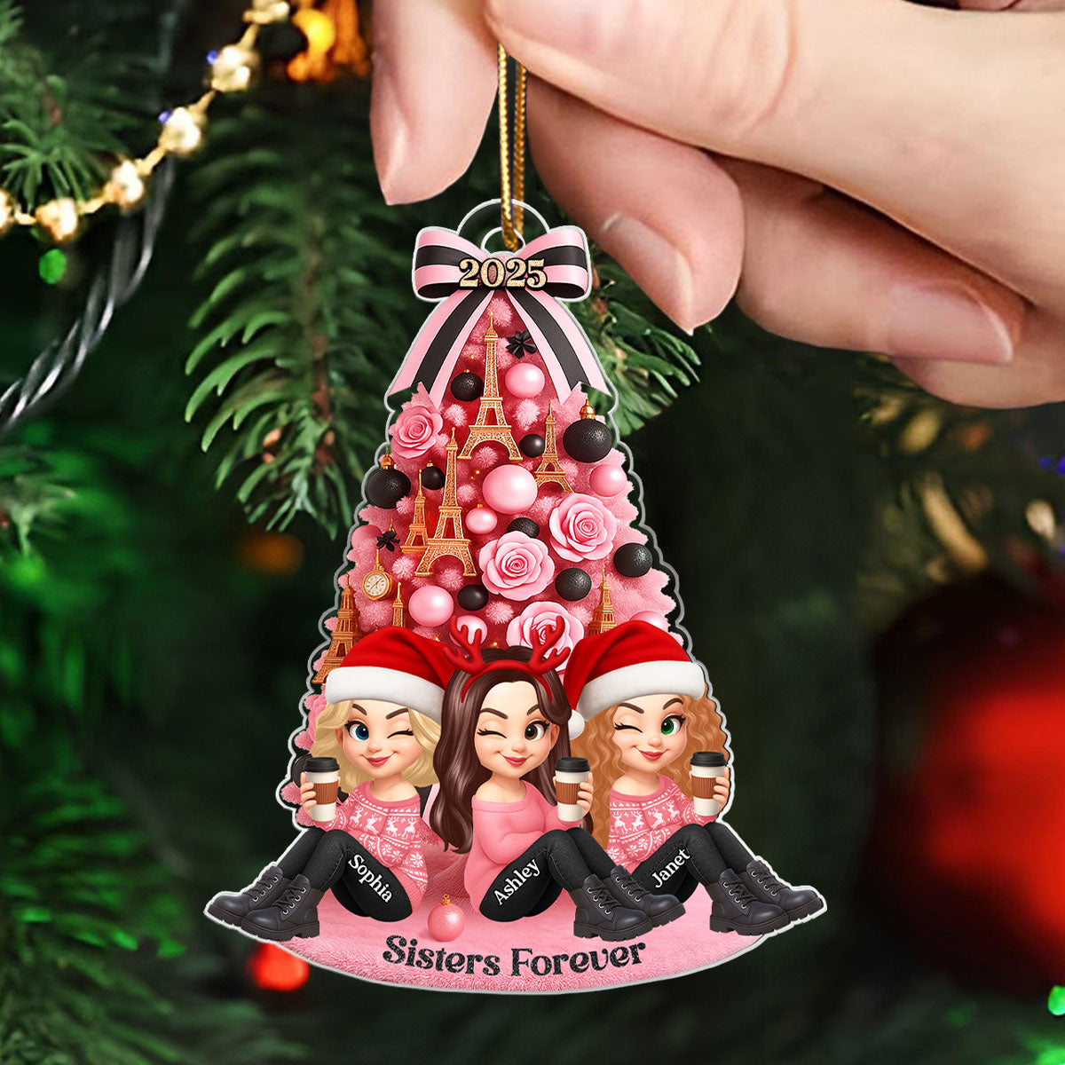 Besties Pink Christmas Tree Acrylic Ornament, Gift for Best Friends, Sisters