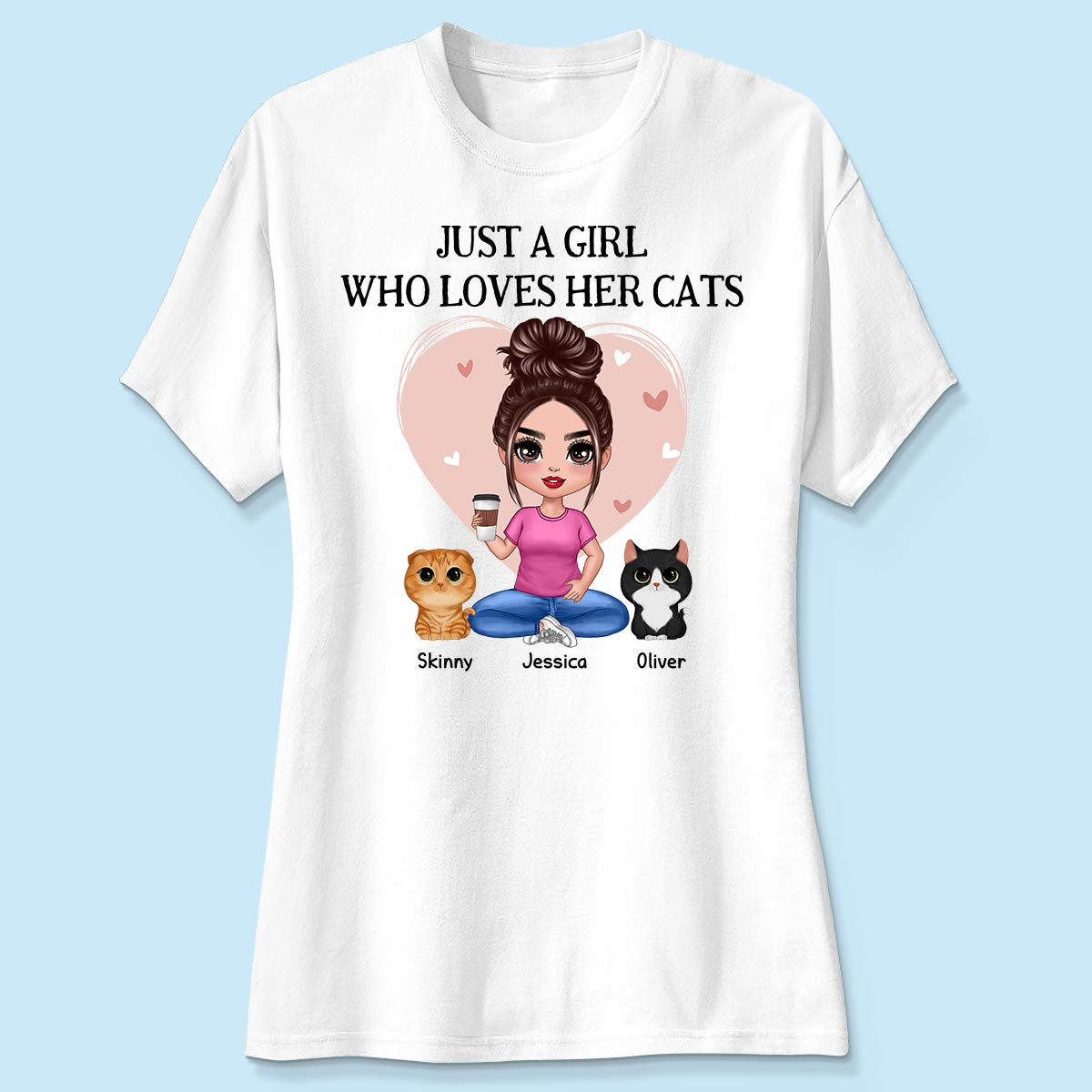 Pink Heart Just A Woman Who Loves Her Cats Personalized Shirt, Heartfelt 2025 Gift For Cat Moms, Cat Lovers