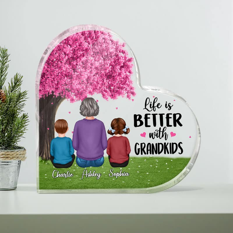 Life Is Better With Grandkids Under Tree Personalized Personalized Acrylic Heart Plaque