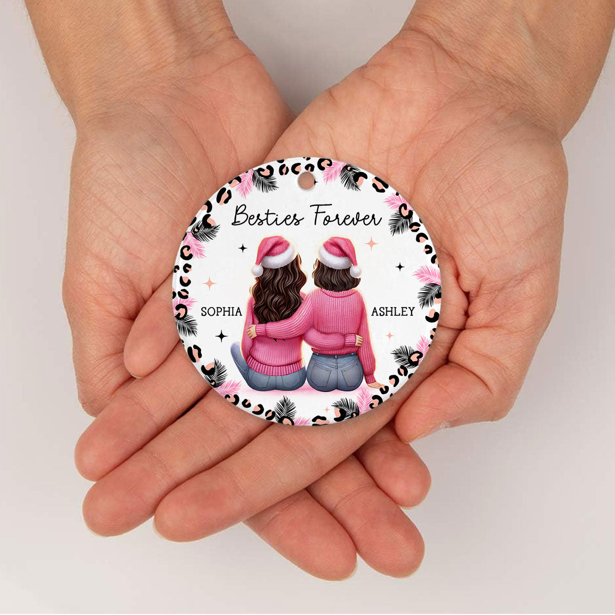 Personalized Christmas Bestie Pink Leopard, Best Friend Ornament, Friendship Ornament