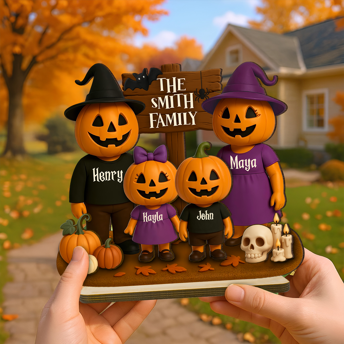 Jack O' Lantern Grandparents, Grandkids 3D Effect Personalized 2-Layered Standing Wooden Plaque, Halloween Decor