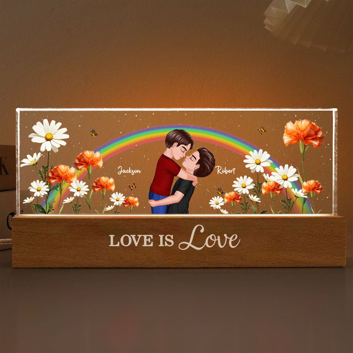 LGBTQ Couple Hugging Kising Birth Month Flower Personalized Acrylic Block LED Night Light