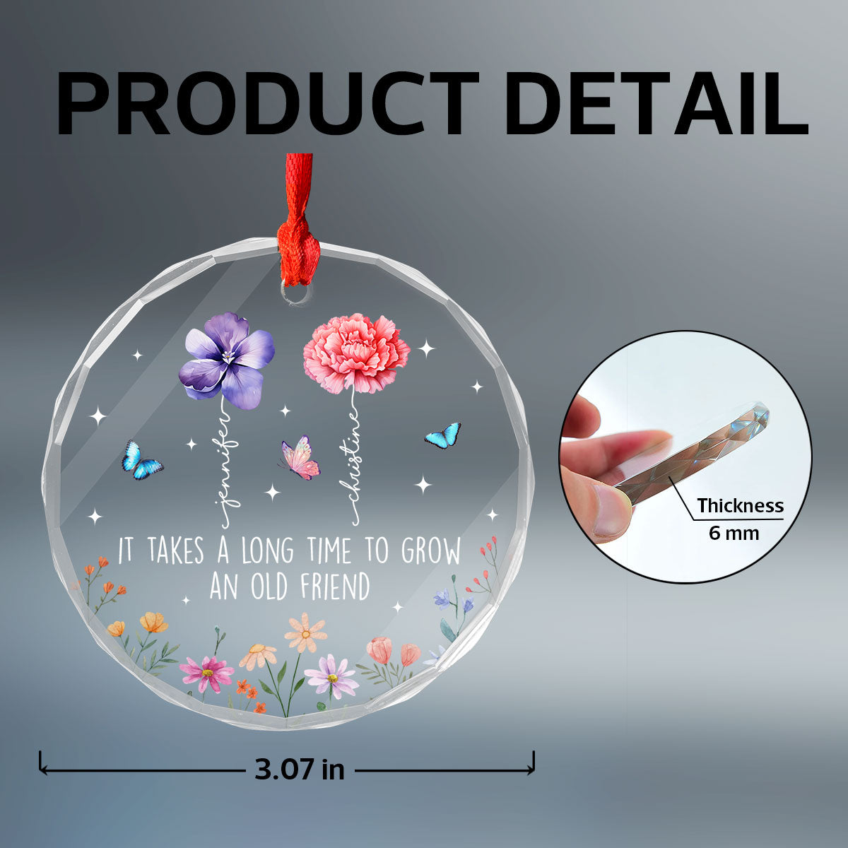 It Takes A Long Time To Grow An Old Friend, Birth Month Flower Personalized Glass Ornament, Christmas Gift for Best Friends